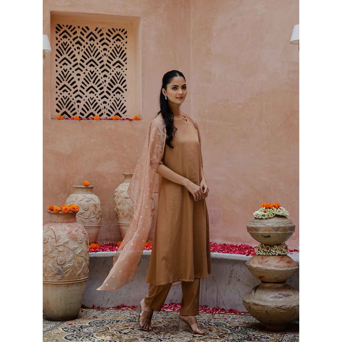 Rangdeep Square Neck Puffed Sleeves Sequinned Straight Kurta Trousers & Dupatta Women | Brown | XXL