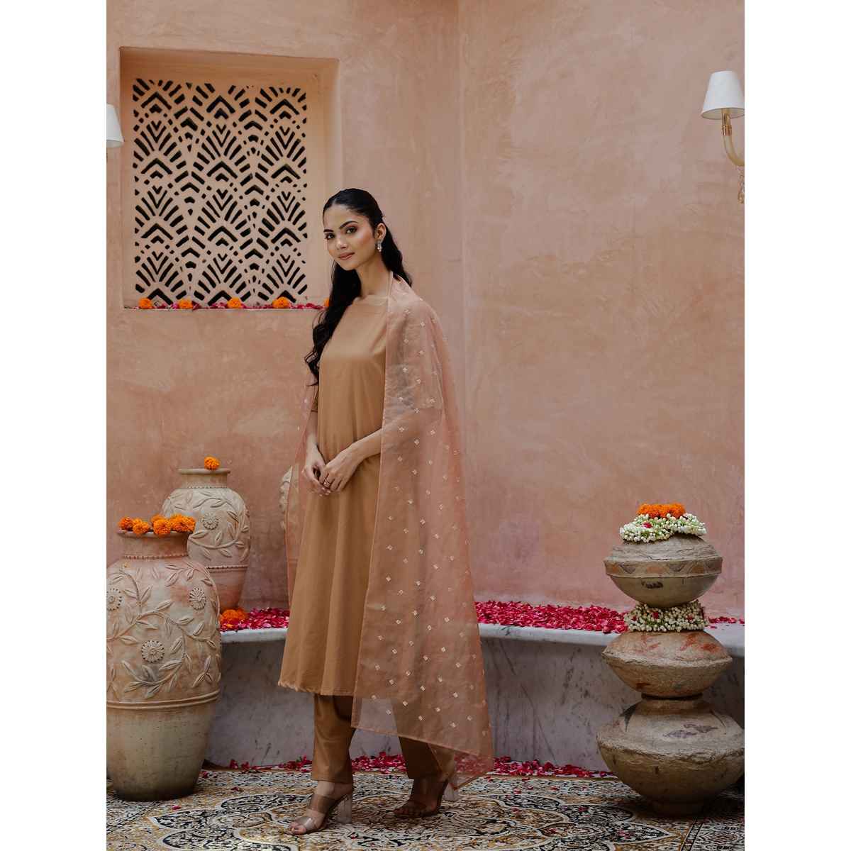 Rangdeep Square Neck Puffed Sleeves Sequinned Straight Kurta Trousers & Dupatta Women | Brown | XXL