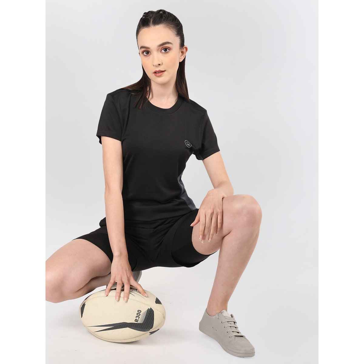 Chkokko Women's Round Neck Dry Fit Gym Sports T-shirt | Black - S