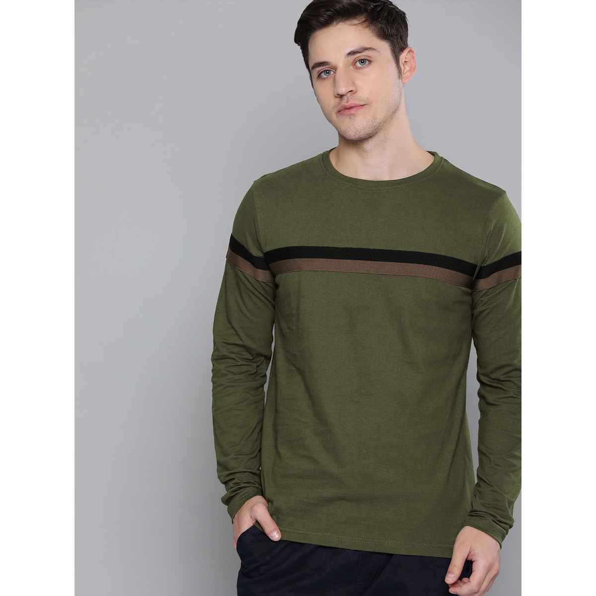 Dillinger Men's T-shirt Long Sleeve Striped Pure Cotton | Olive - XL