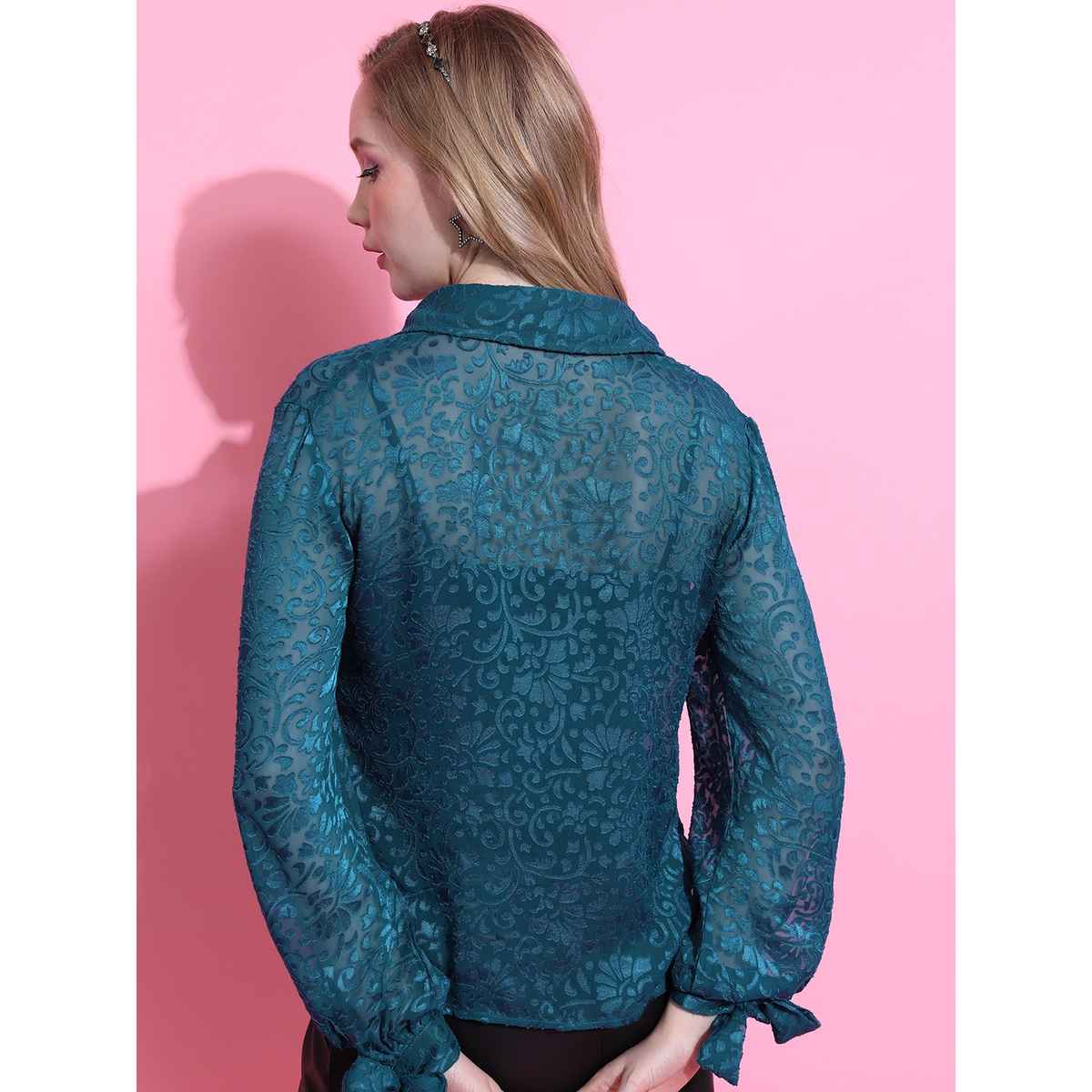 Ketch Women's Self Design Semi Sheer Lace Shirt Style Top | Teal | M