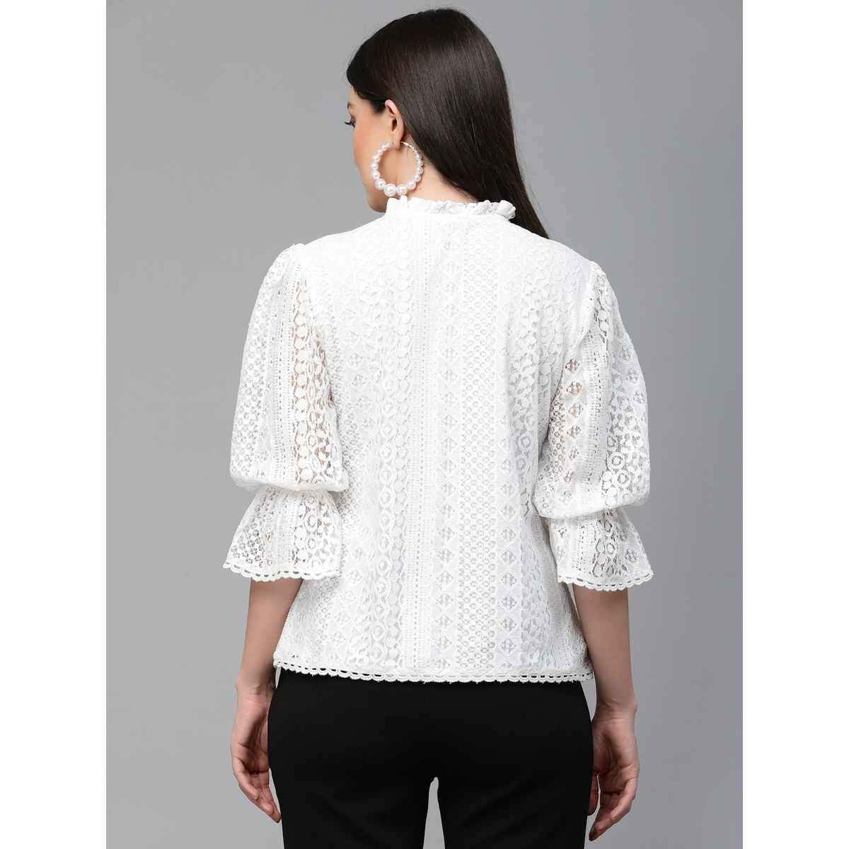 Style Quotient Women White Self Design Lace Regular Smart Casual Top | L | SS23SQSIKKIM - White