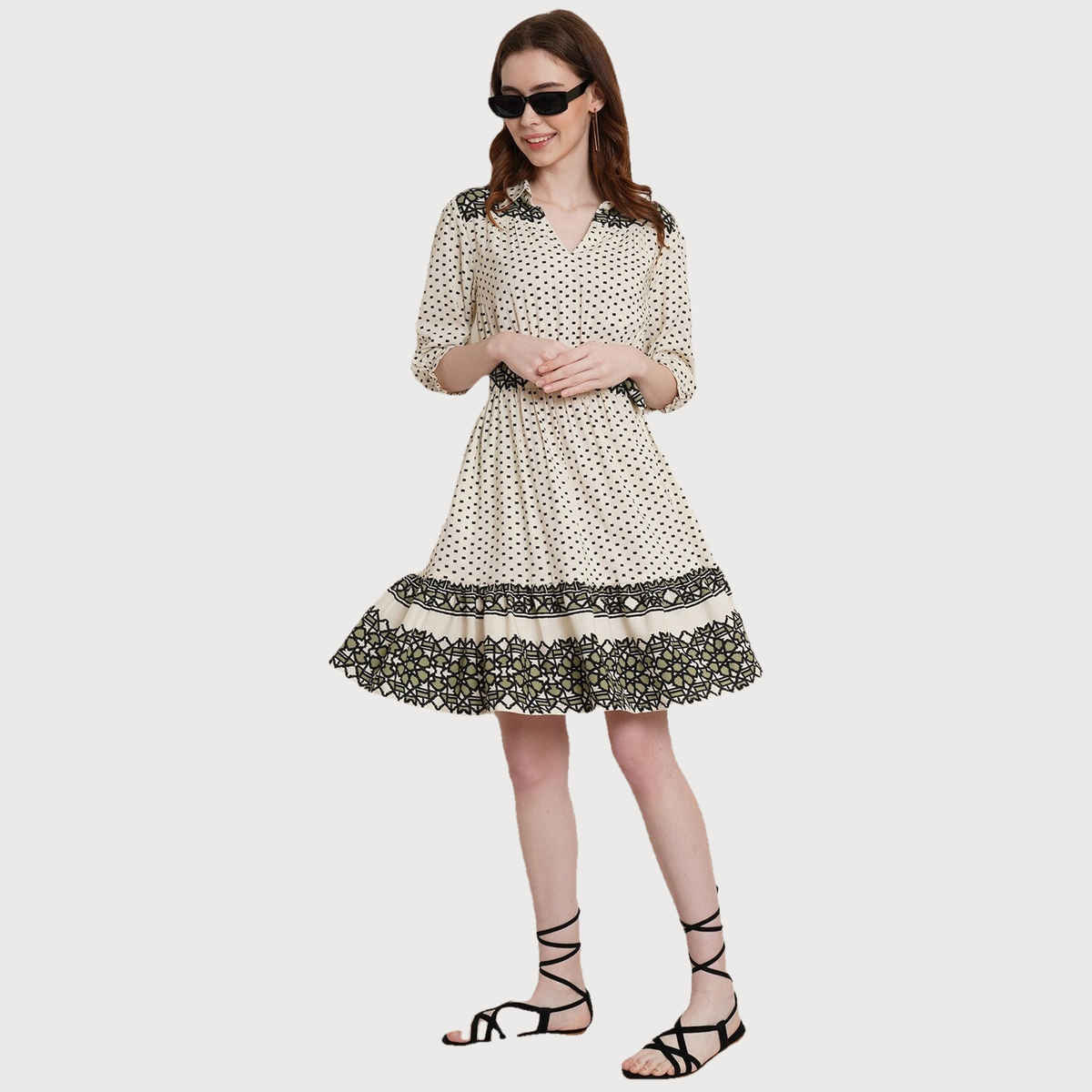 Wyshlist Women's Dress Flared Hem Geometric Print With Puff Sleeves | Off White - S