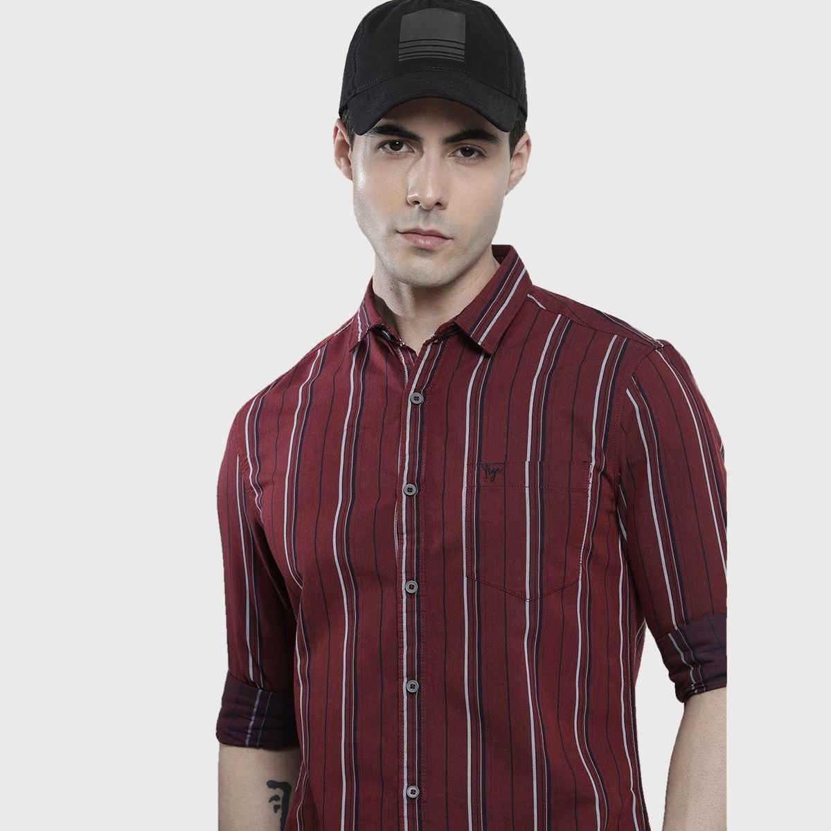 The Indian Garage Co Men's Regular Fit Striped Casual Shirt | Maroon - XL