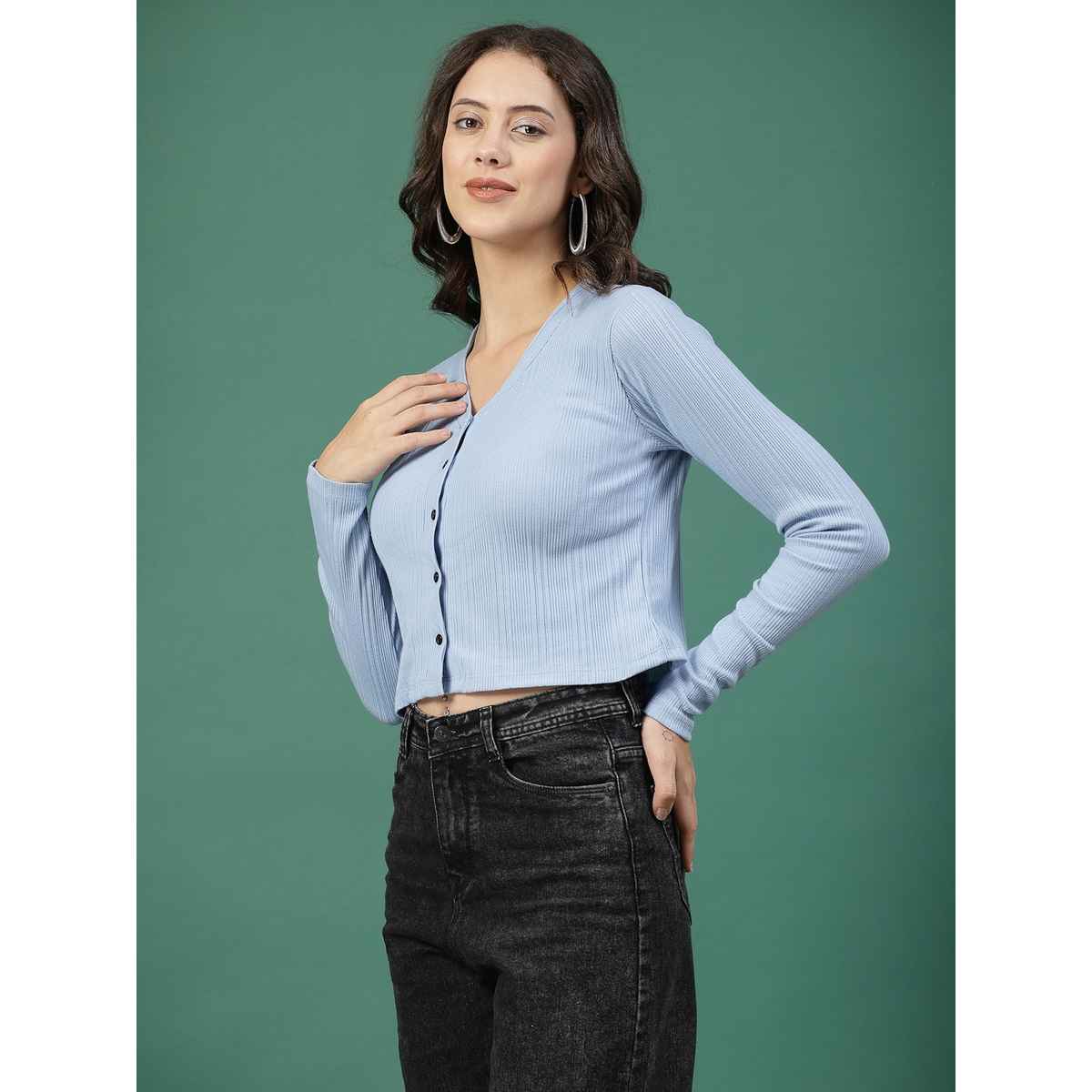 Rigo Women Rib Crop Top | Light Blue - M