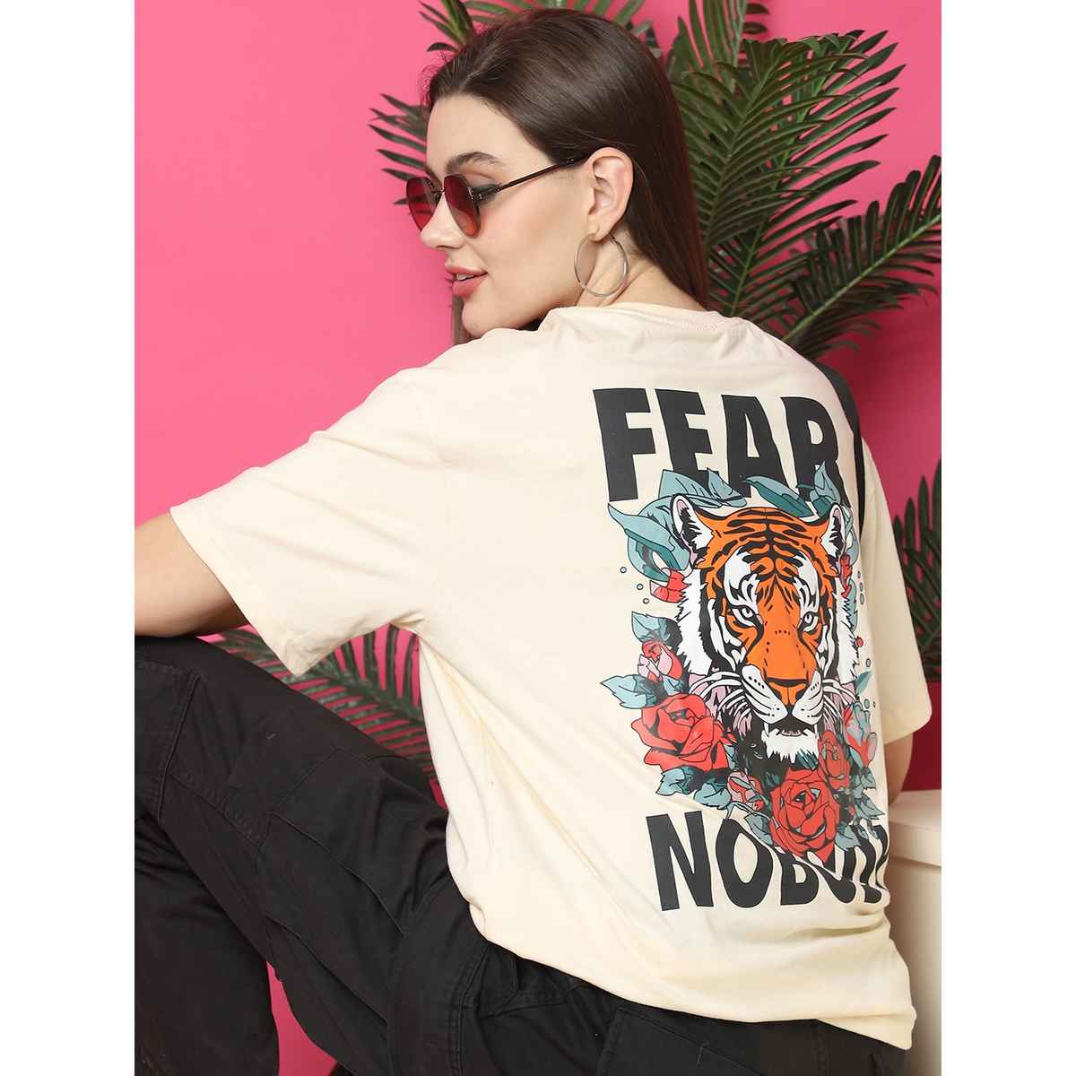 Fabflee Women Oversize Cotton Printed Round Neck Tshirt | Beige | FAB-OS-526 | S