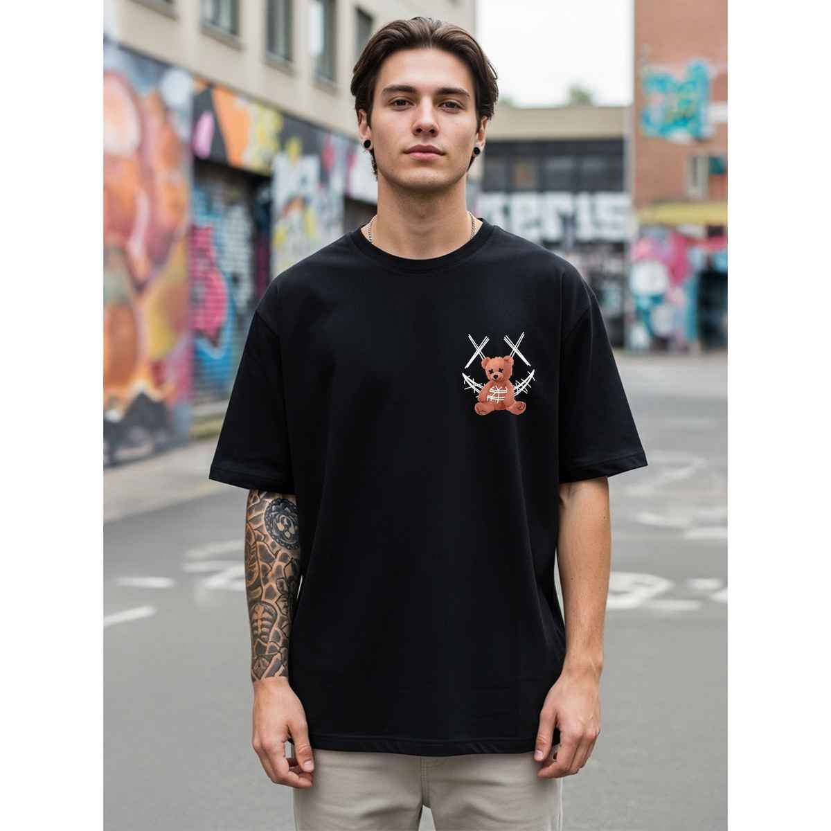 BENNY BROOKS Men's Round Neck half sleeve Oversized T-shirt |AA(ARN)BLACK08 | Black - XL