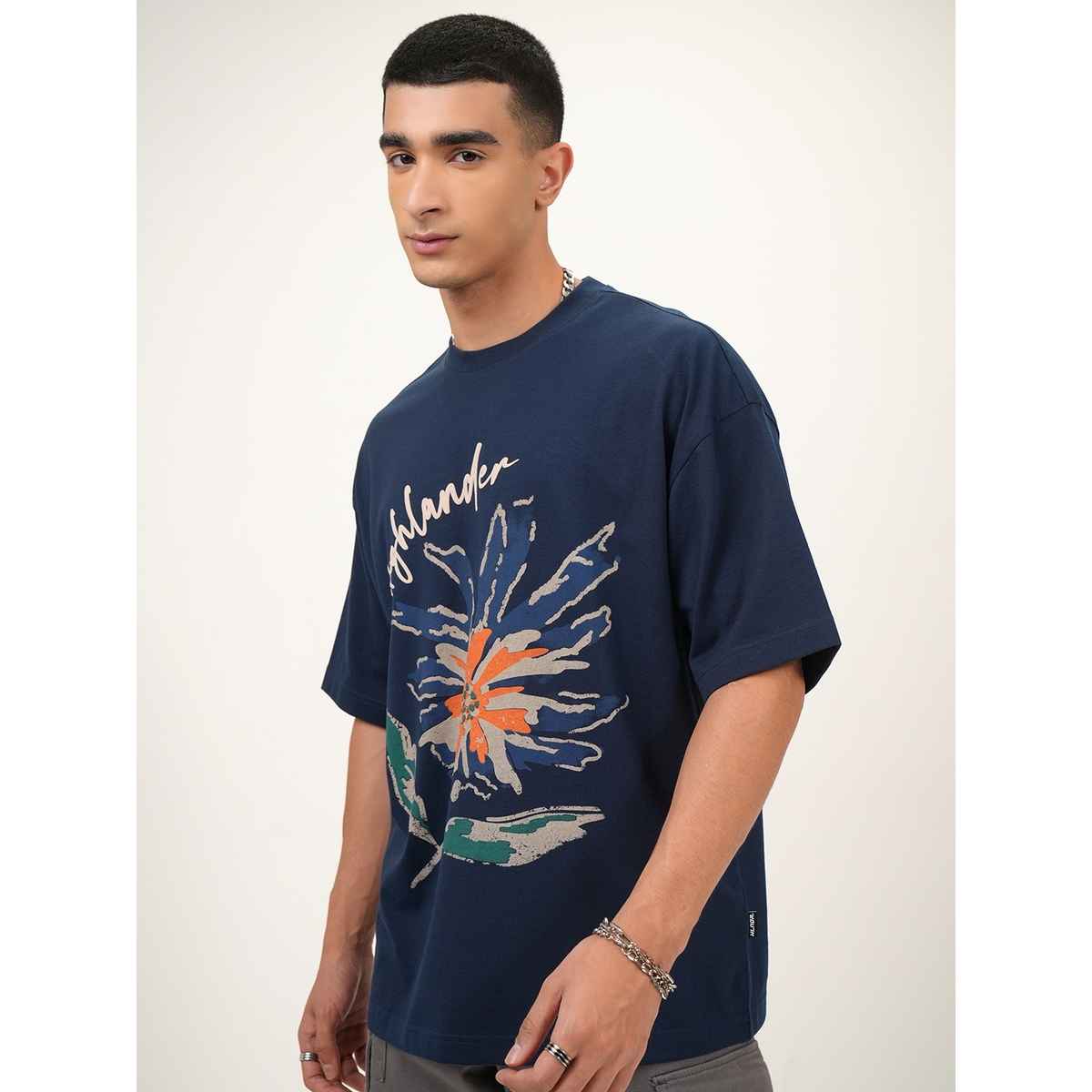 Highlander Men's Round Neck Half Sleeve Oversized T-shirt | Blue | S