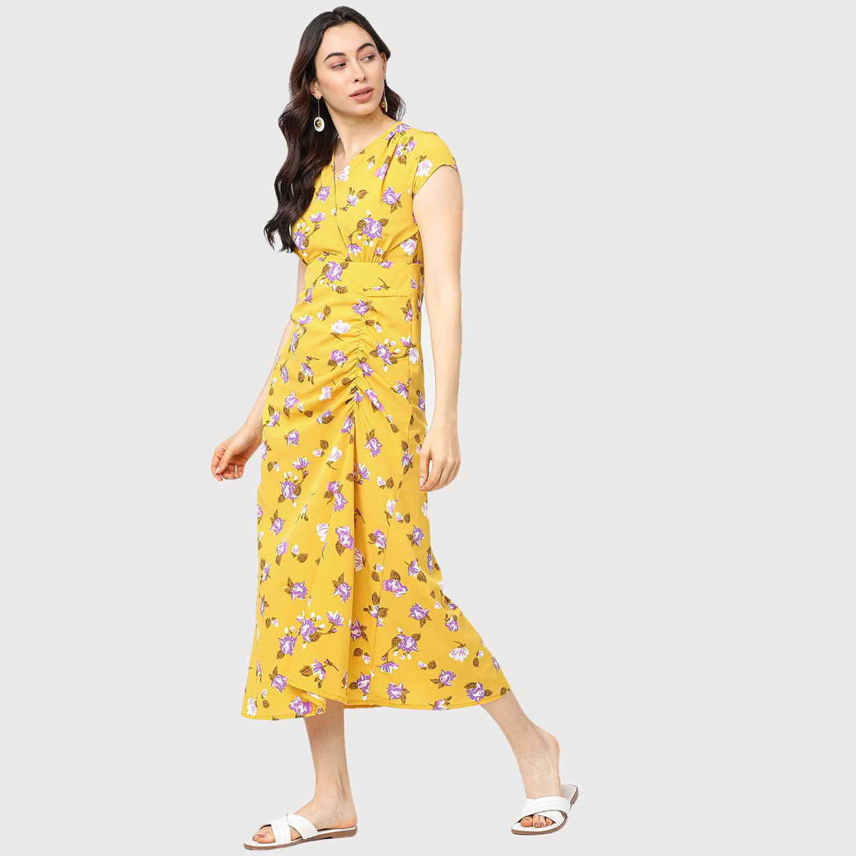 Tokyo Talkies Women's Floral A-Line Midi Dress | Yellow - M