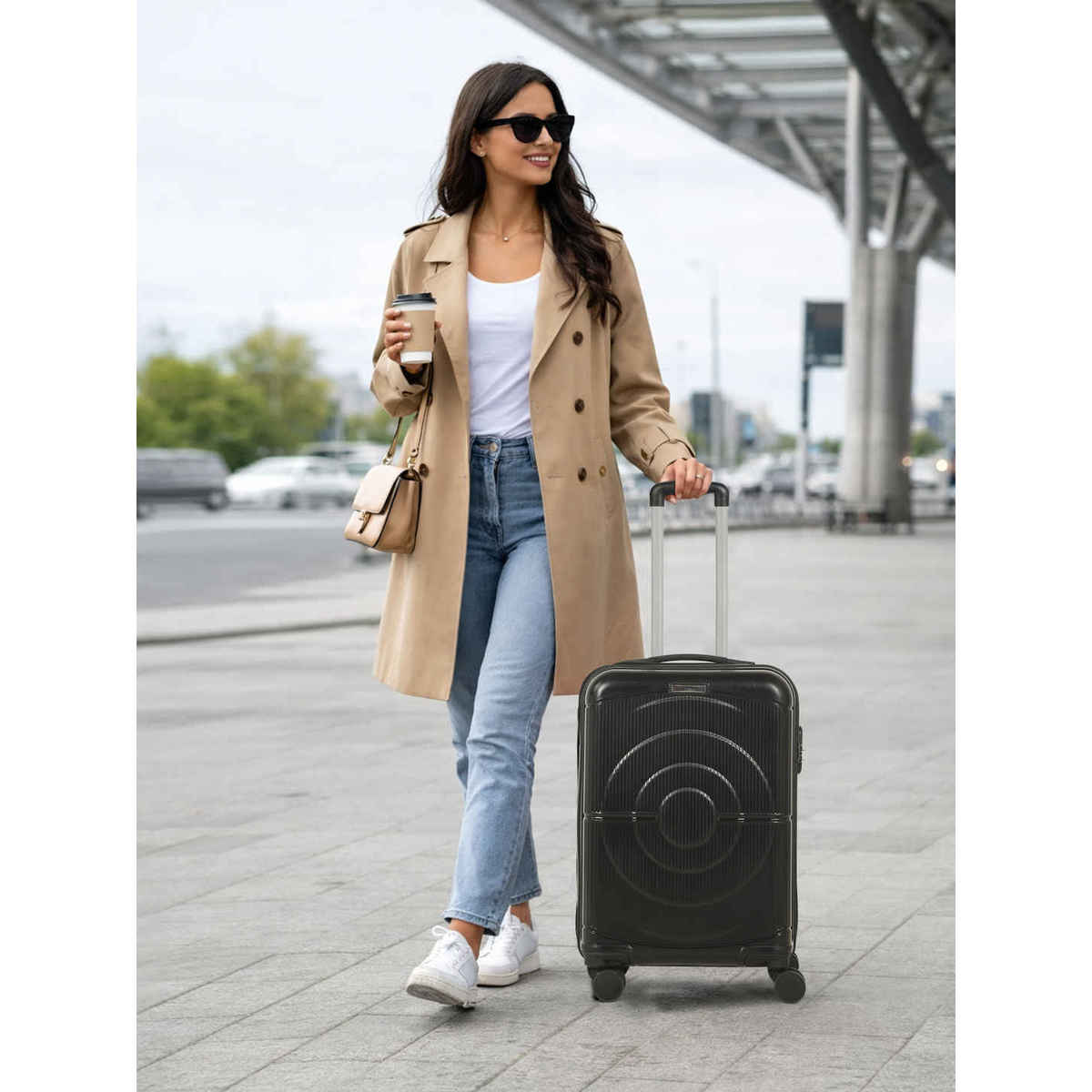Teakwood Textured PP 48 L Telescopic Hard Luggage | Black - 55 cm