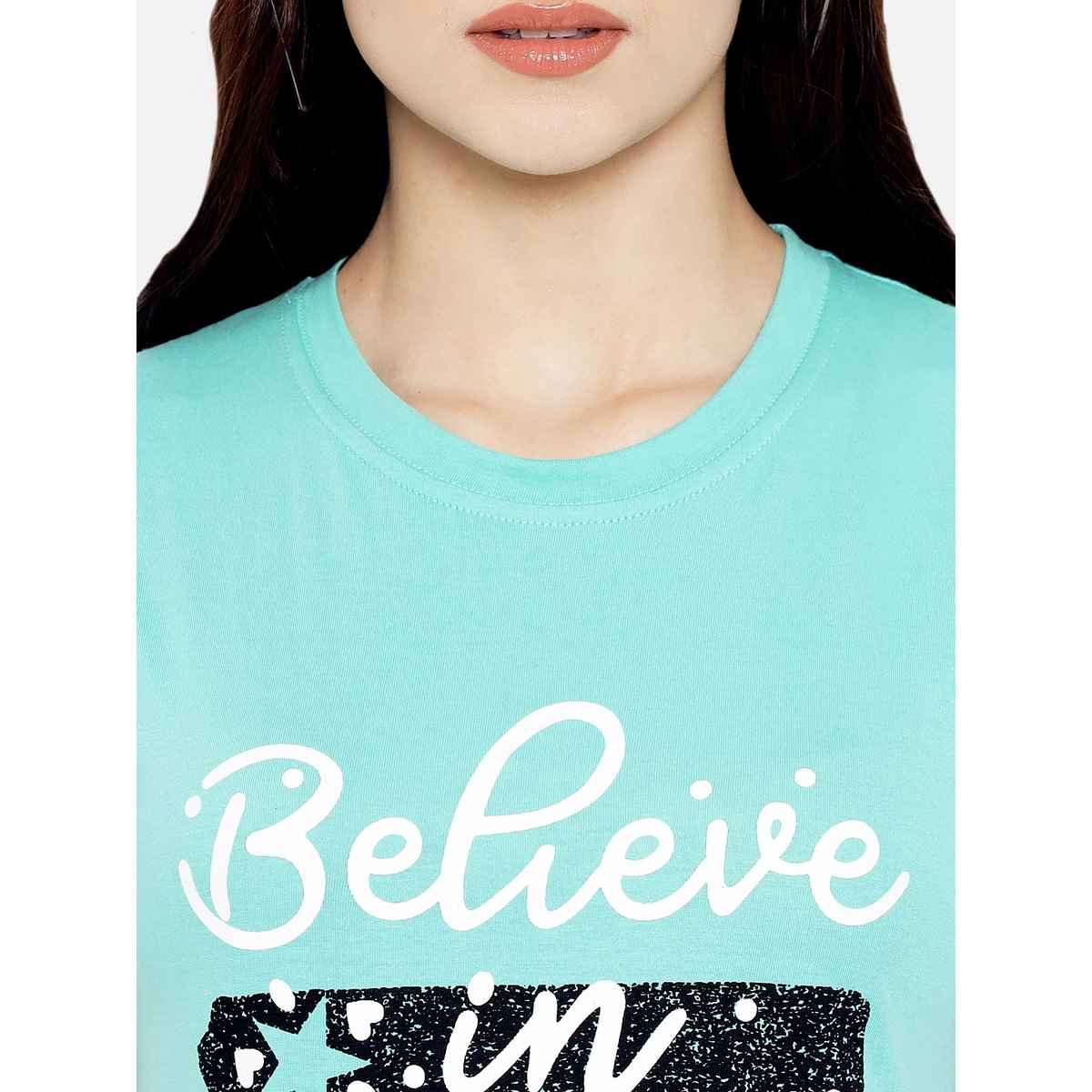 Fabflee Women Regular Cotton Printed Round Neck Tshirt | Sky Blue | FAB-WT-26 | M
