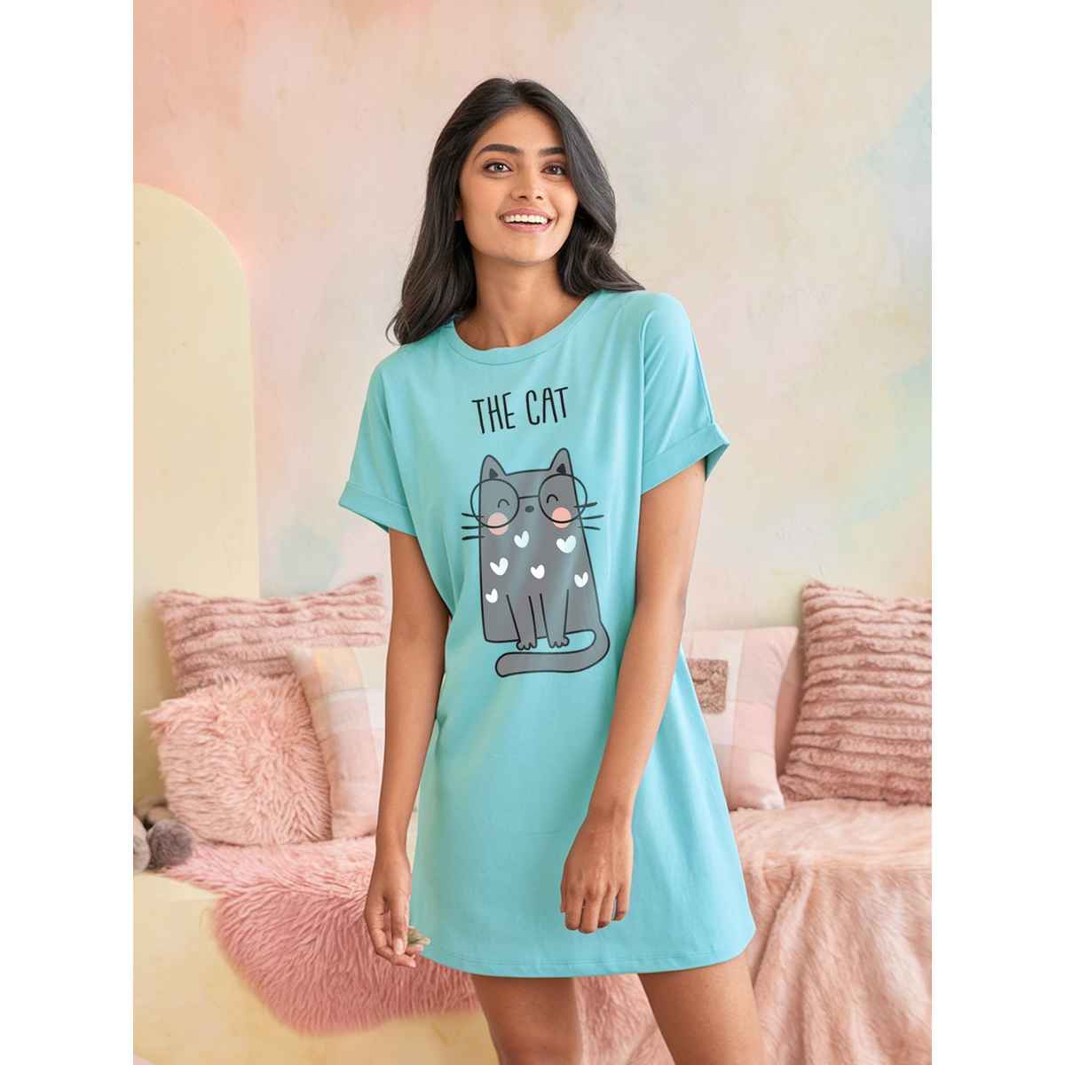 Fflirtygo Women's Cotton Long Tees | Comfy Short Nighty | Orange - L
