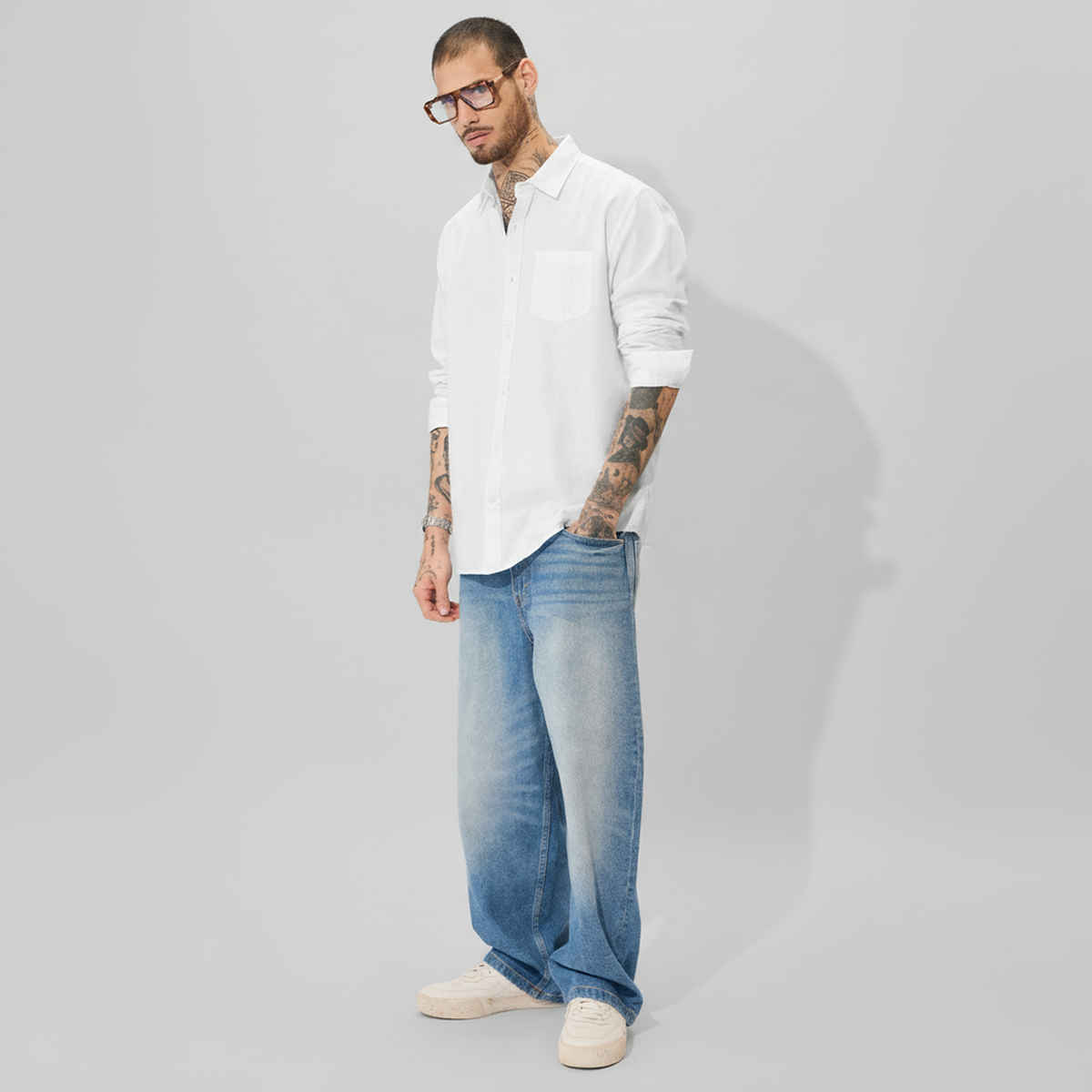 The Souled Store Men's Regular Pearl White Cotton Linen Shirts | White | L