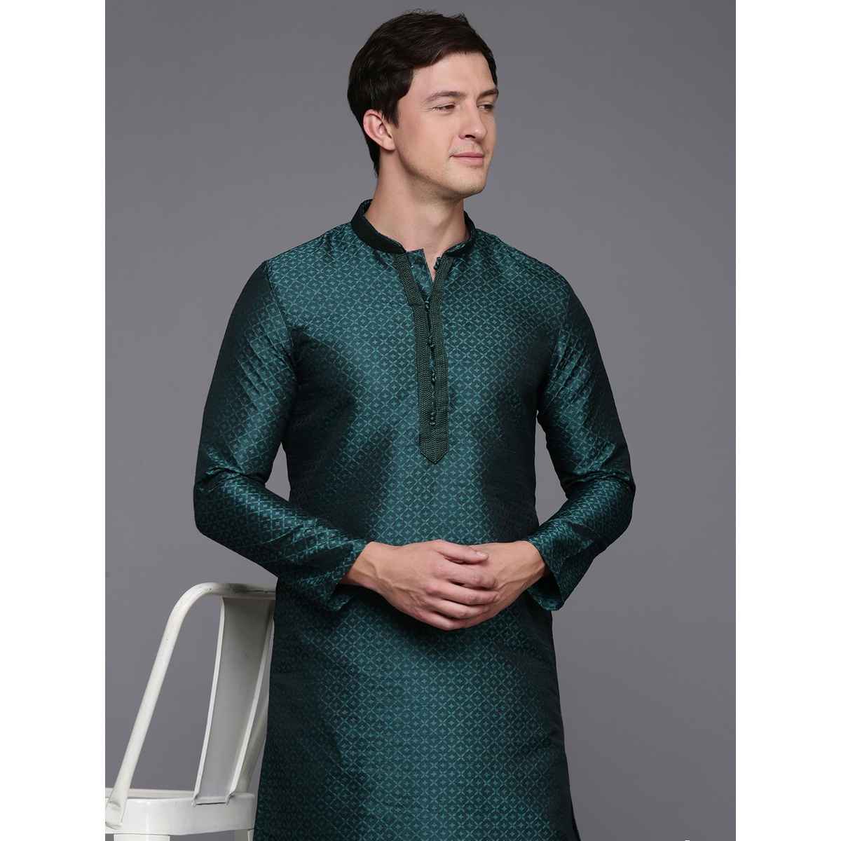 Diwas By Manyavar Green Art Silk Self Design Kurta Set | M