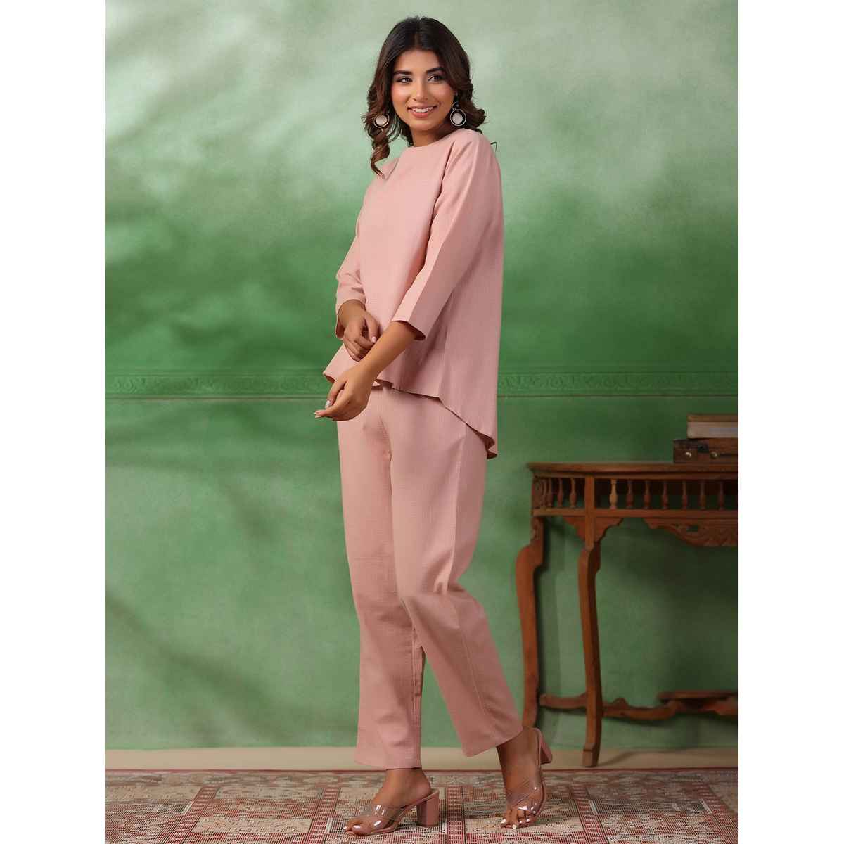 Sanskrutihomes Round Neck Pure Cotton Top And Trousers | Pink | XL