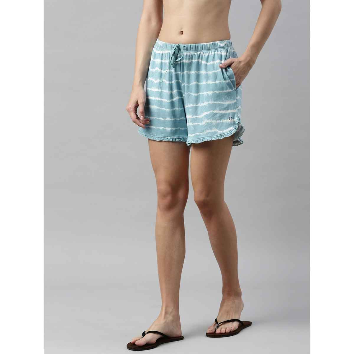 Enamor Essentials EC14 Women s Viscose Printed Ruffled Trim Tee And Shorts Set | Bali Green | S