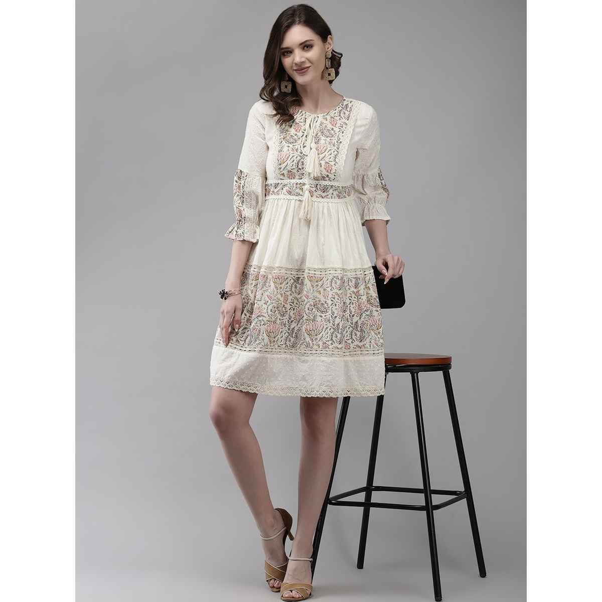 Ishin Women's Off White Floral Embroidered Tie-up Neck a-line Dress - L | Topknm-21027