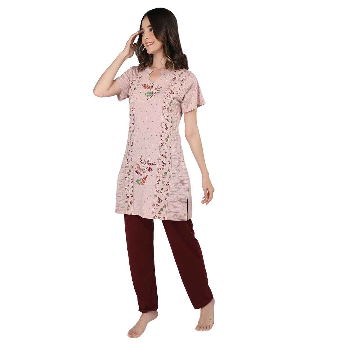 Duchess Women Cotton Regular Fit Printed Embroided Long Length Night Suit Set | Mouse-Maroon | 3XL
