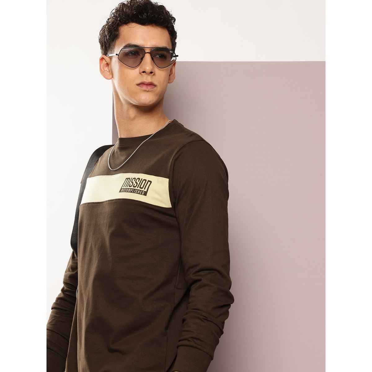 Dillinger Men's Typography Colourblocked Detail Long Sleeve T-shirt | Brown - S