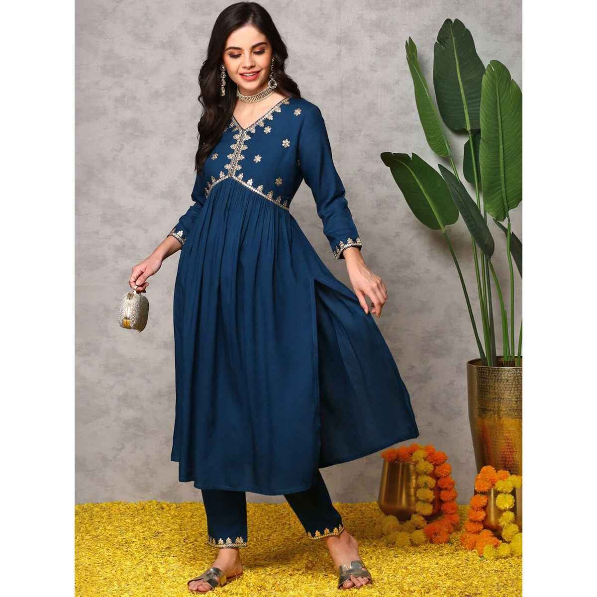 Ishin Women Kurta with Bottom Set | INWKTS24077 | Teal - XL