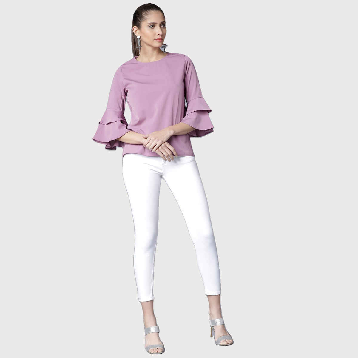 Tokyo Talkies Women's Casual Flute Sleeve Solid Top | Purple - M