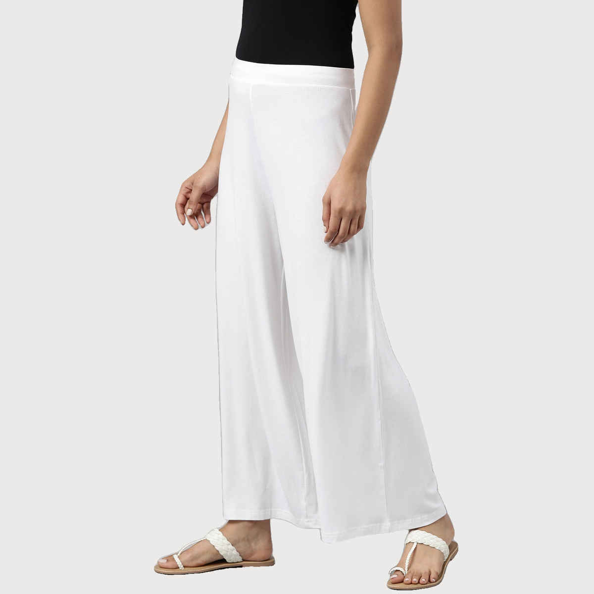 Go Colors Women's Solid Viscose Mid Rise Knit Palazzos | LPZ1 | White - L