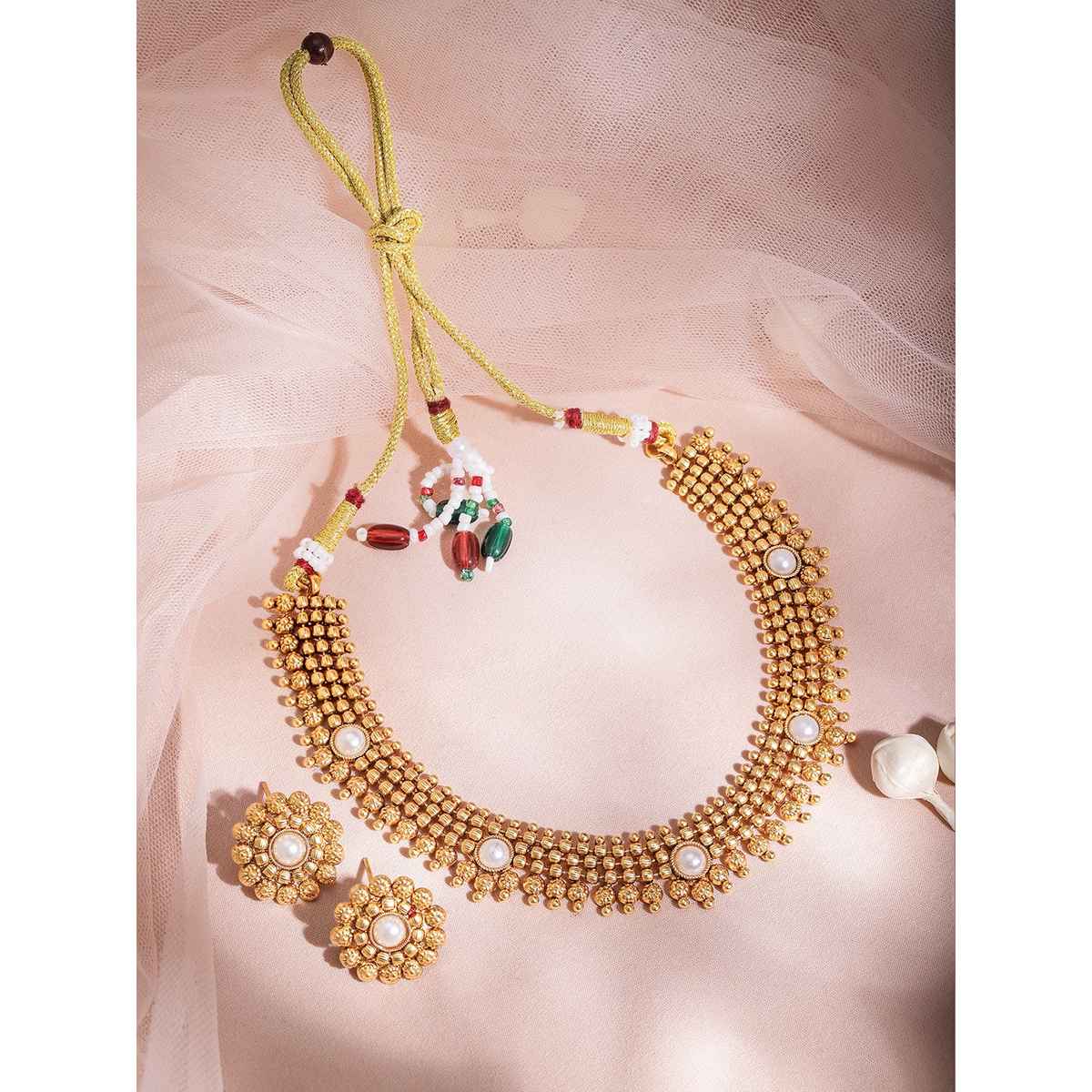 Rubans 22K Gold-Plated White Pearl Studded Traditional Choker Necklace Set with Gold Beads