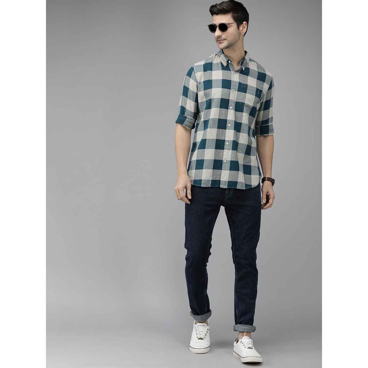 The Bear House Men Pure Cotton Checked Slim Fit Flannel Shirt Style-Juul Color -Teal Size -L