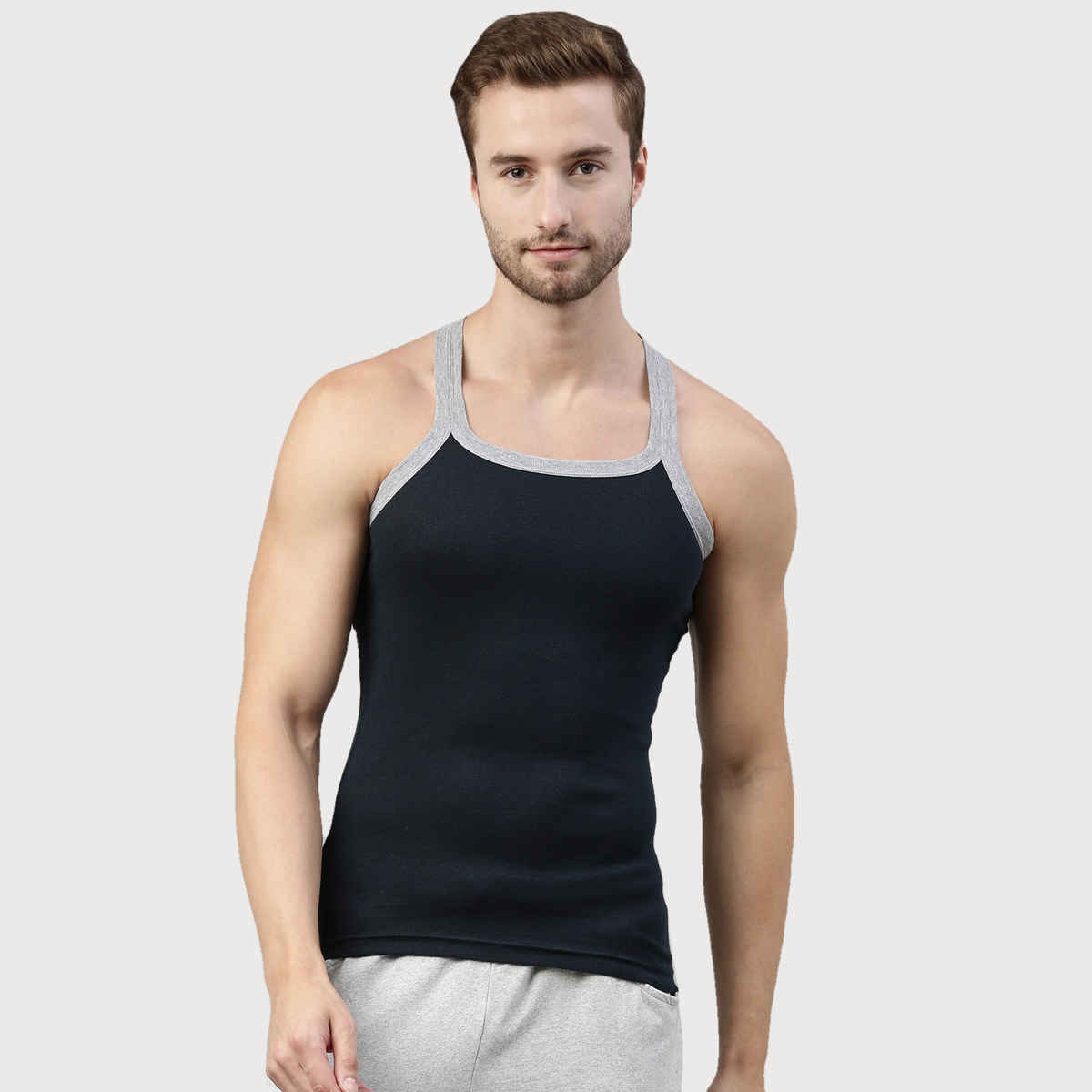 Dixcy Scott Men's 100% Combed Cotton Rib Solid Squared Neck Sleeveless Gym Vest | Grey & Navy - S