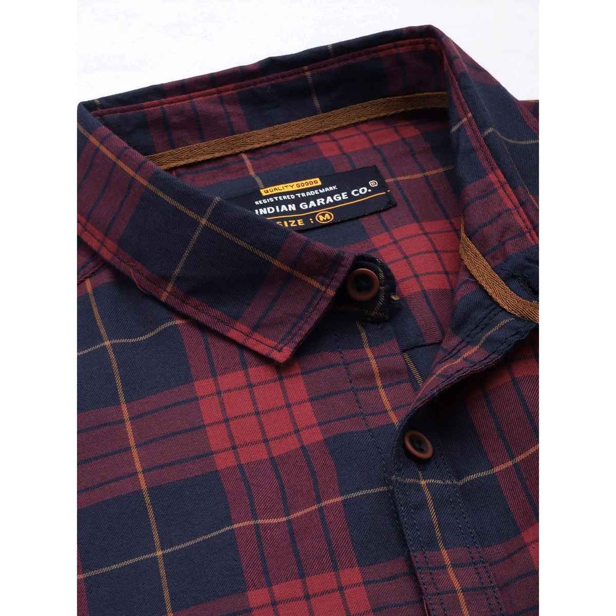 The Indian Garage Co Men's Regular Fit Checkered Casual Shirt | Navy - L