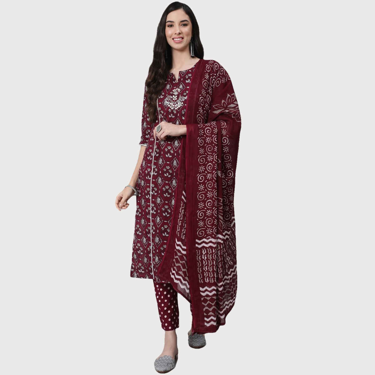 Anubhutee Women's Ethnic Motifs Thread Work Pure Cotton Kurta with Trousers & Dupatta | Maroon - L