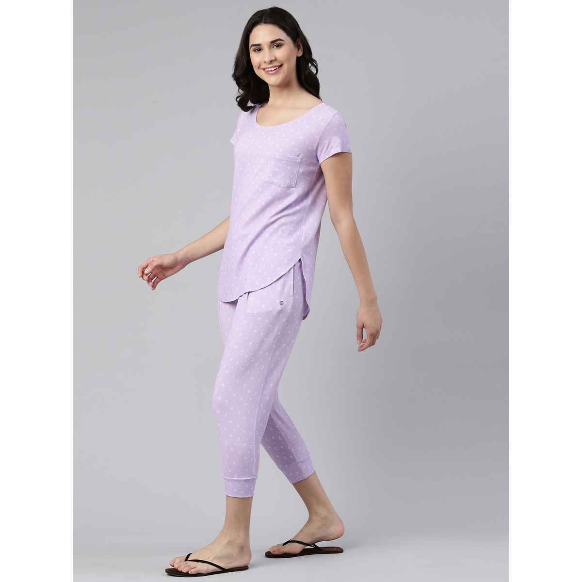 Enamor Essentials EC16 Women s Aop-Soft & Drapey All Over Printed Lounge Capri Set | Lavendar | XL