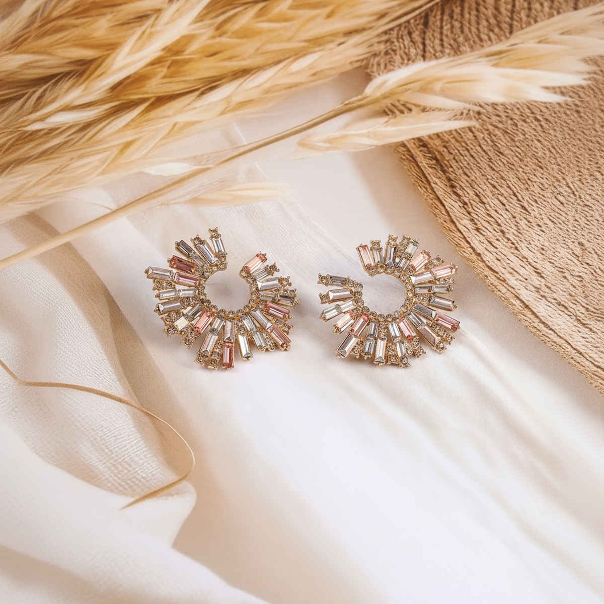 Rubans 18K Gold-Plated Multi-Stone Studded Radiant Fan-Shaped Statet Stud Earrings