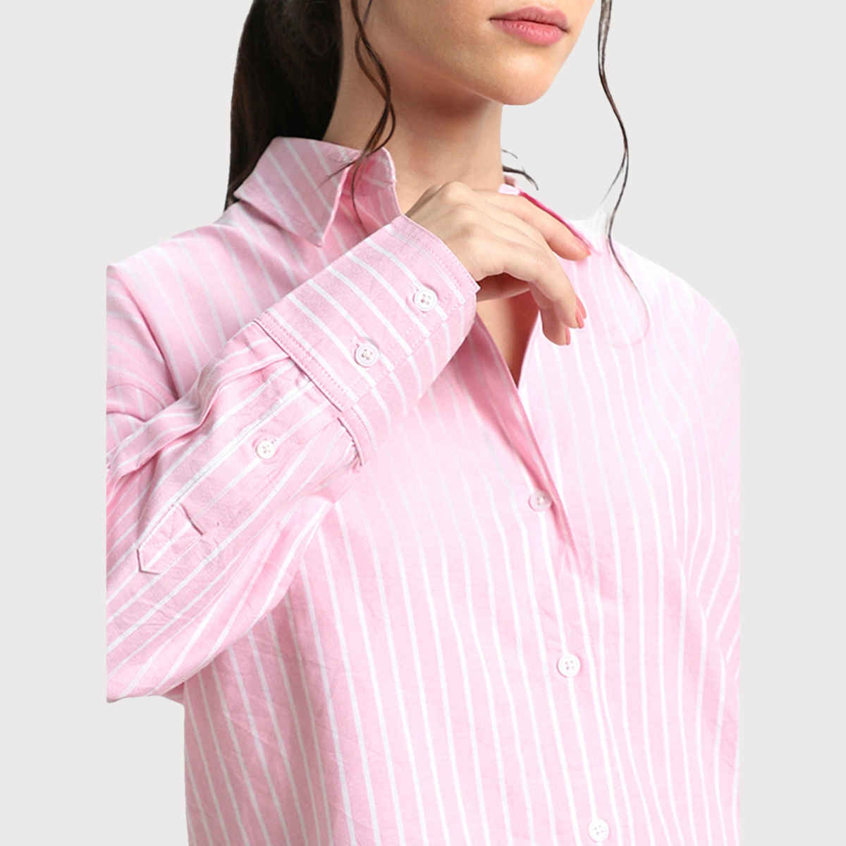 DL Women's Oversized Vertical Stripes Pure Cotton Oxford Casual Shirt | DLWSHW23001 | Pink - XL