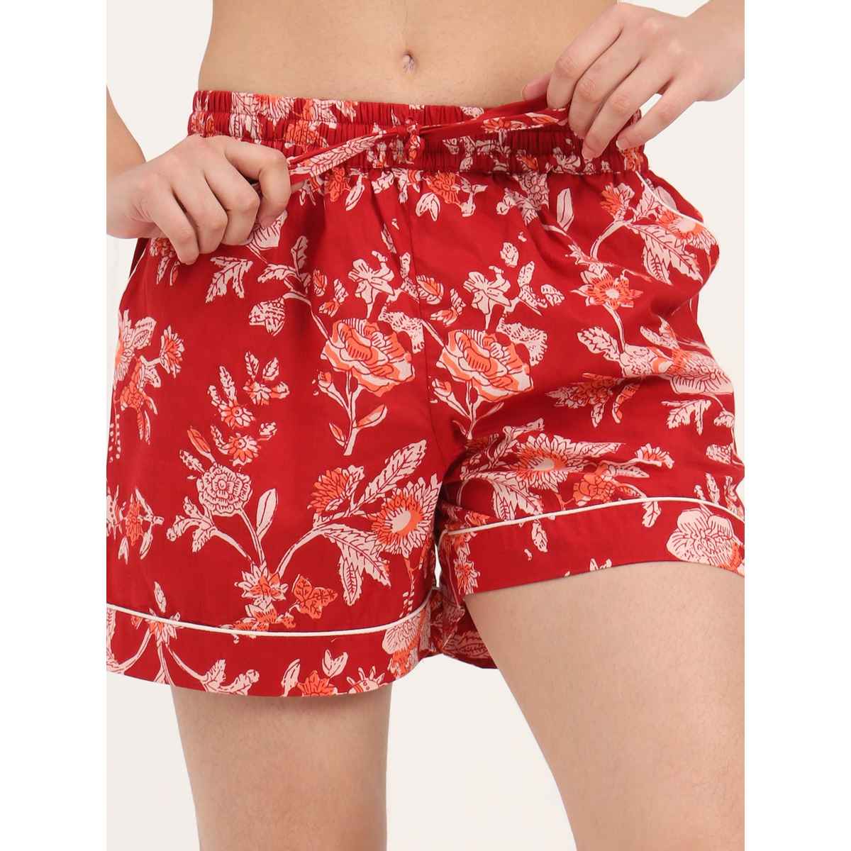 Divena Red Floral Print Cotton Shorts for Women | DK0256 - M