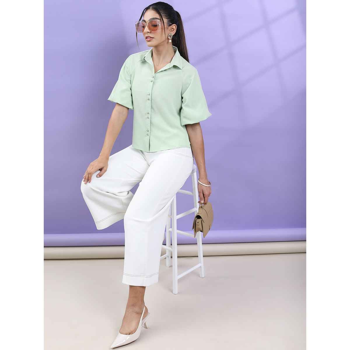 Tokyo Talkies Women's Solid Casual Top | Green - L