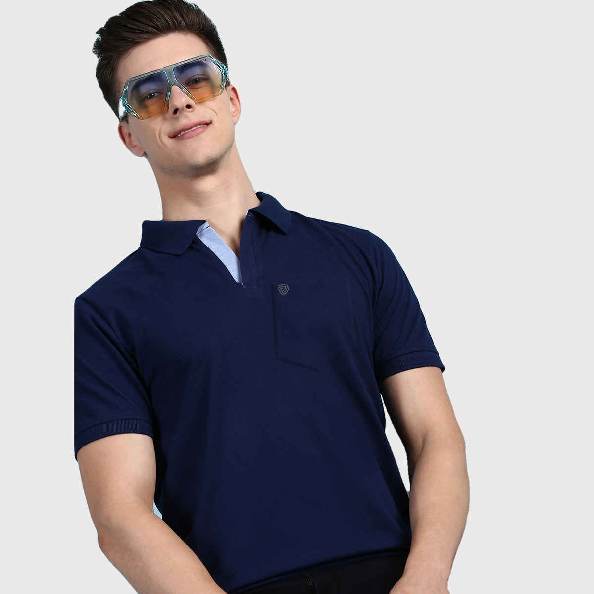 Lux Cozi Men's Solid Cotton Polo T-shirt with Pocket | Ink Blue - M
