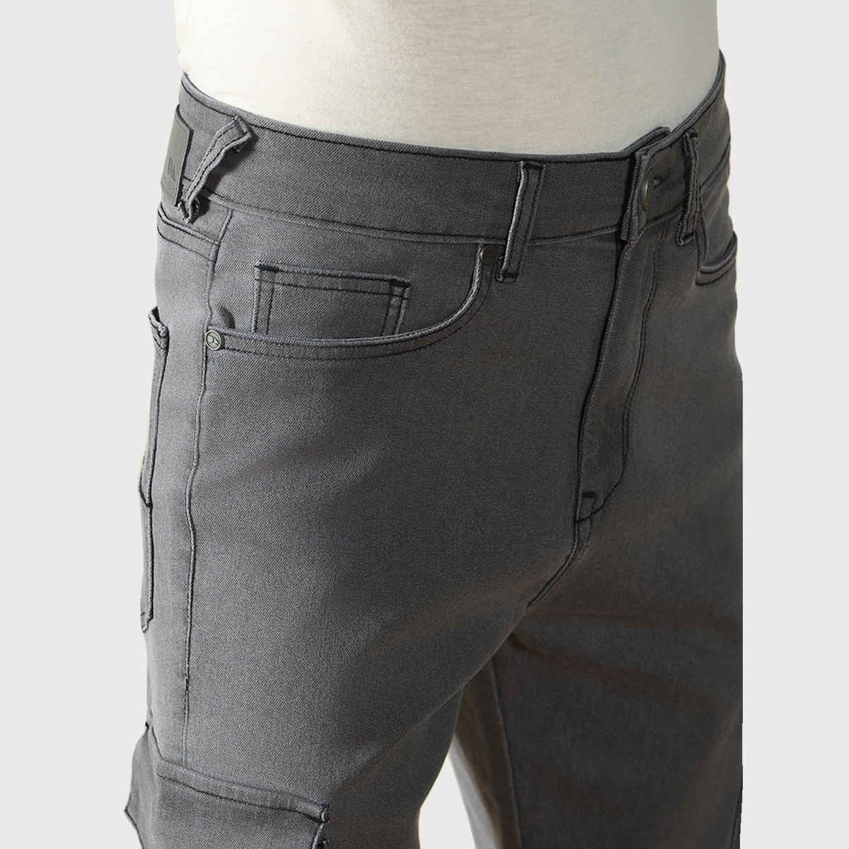 Dennis Lingo Men's Straight Fit Mid-Rise Dark Shade Cargo Jeans | DLMJNW23173 GR-32 | Grey - 32