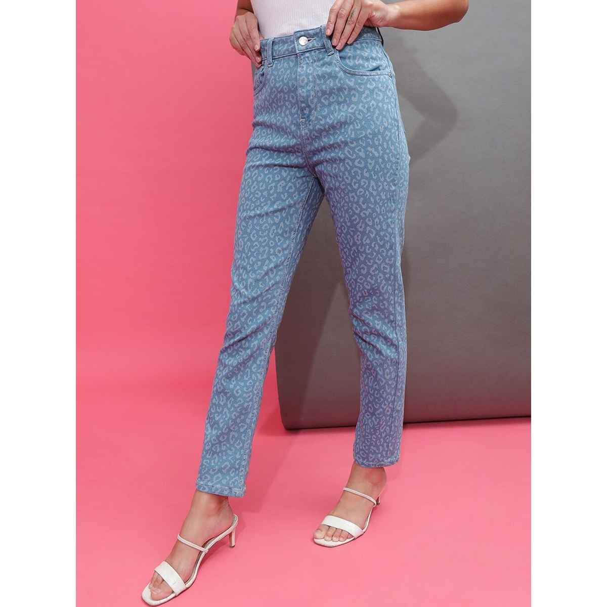 Freehand Women's Laser Leopard Pattern Straight Fit Denim Jeans | Blue - 30