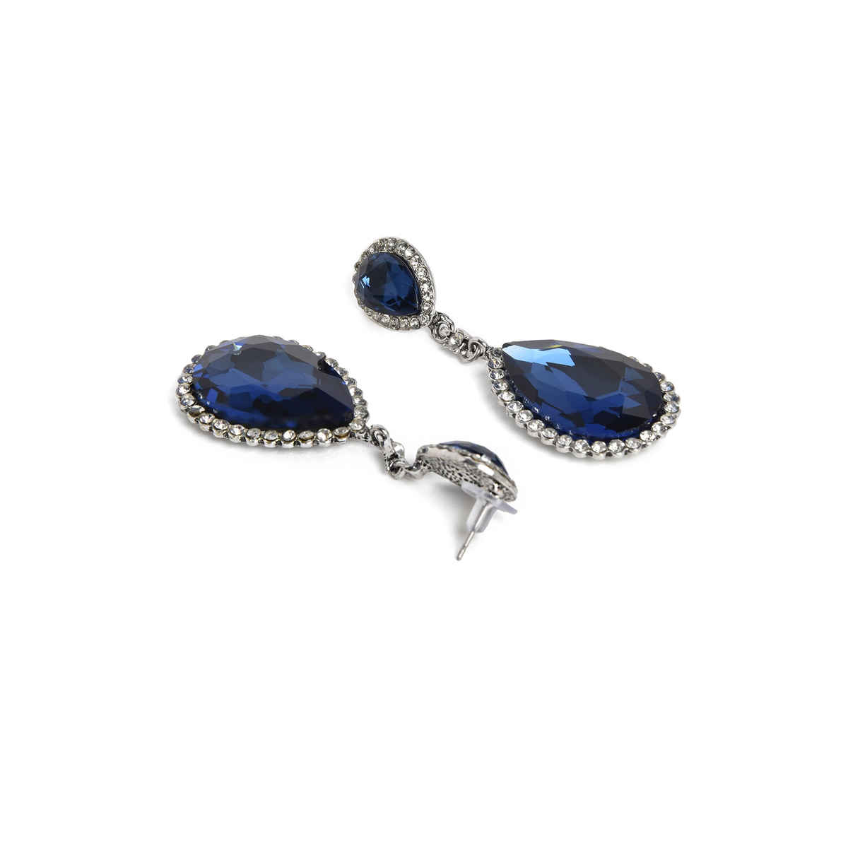 Sohi Navy Blue Silver Toned Teardrop Shaped Drop Earrings For Women's