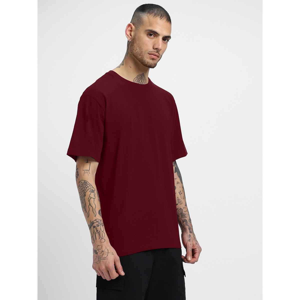 Veirdo Pure Cotton Oversized Fit Round Neck Maroon T-Shirt For Men - S