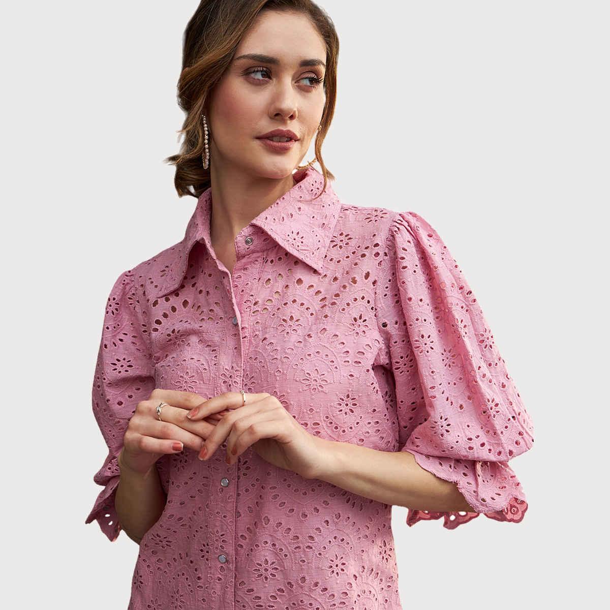 Athena Women's Self Design Schiffli Cotton Shirt Dress Pink - XL