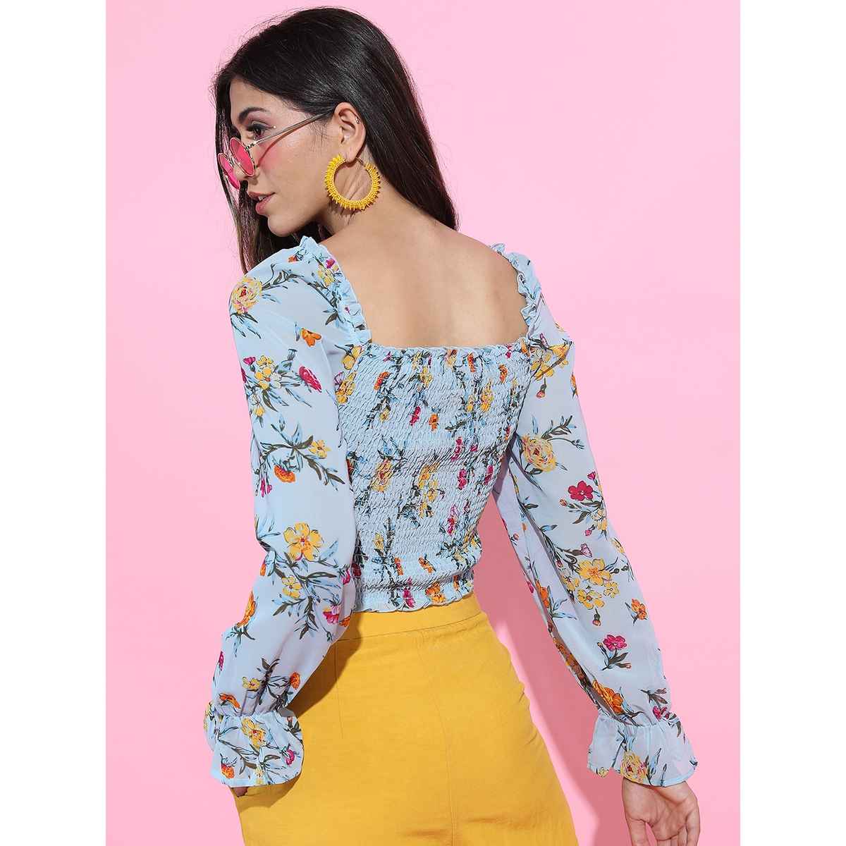 Tokyo Talkies Women's Floral Print Top | Light Blue - L