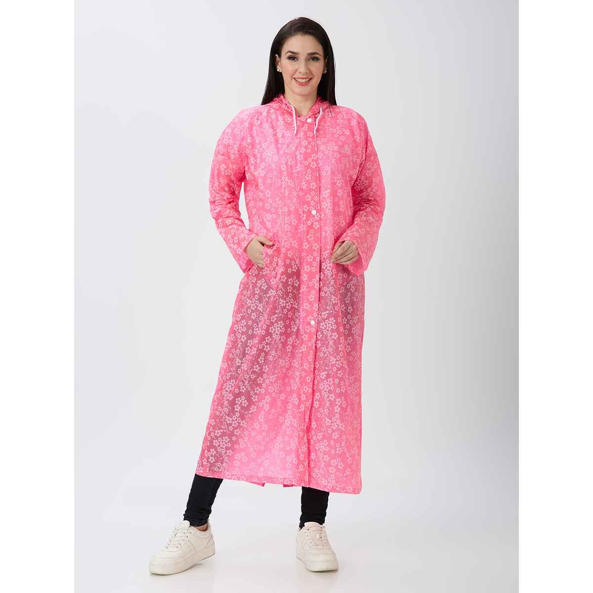 Zeel Women Knee Length Trench PVC Raincoat With Flower Print | Pink