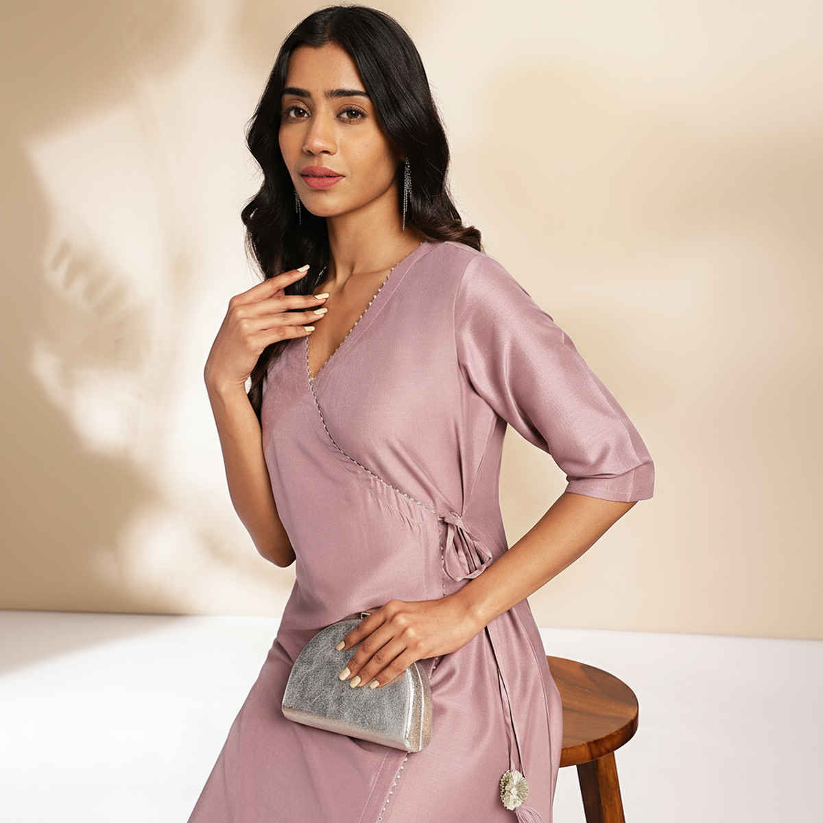 Janasya Women's Lavender Silk Blend Solid Wrap Kurta Set | M