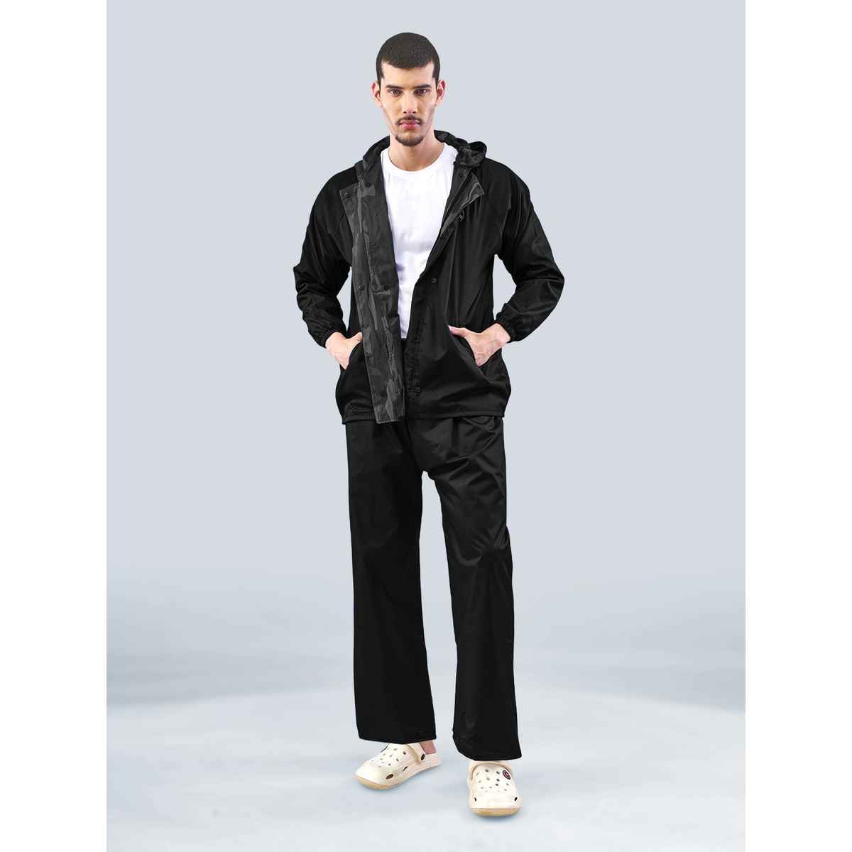 Lux Venus Lightweight Hooded Reversible Raincoat for Men With Waterproof Pant - Black | 3XL