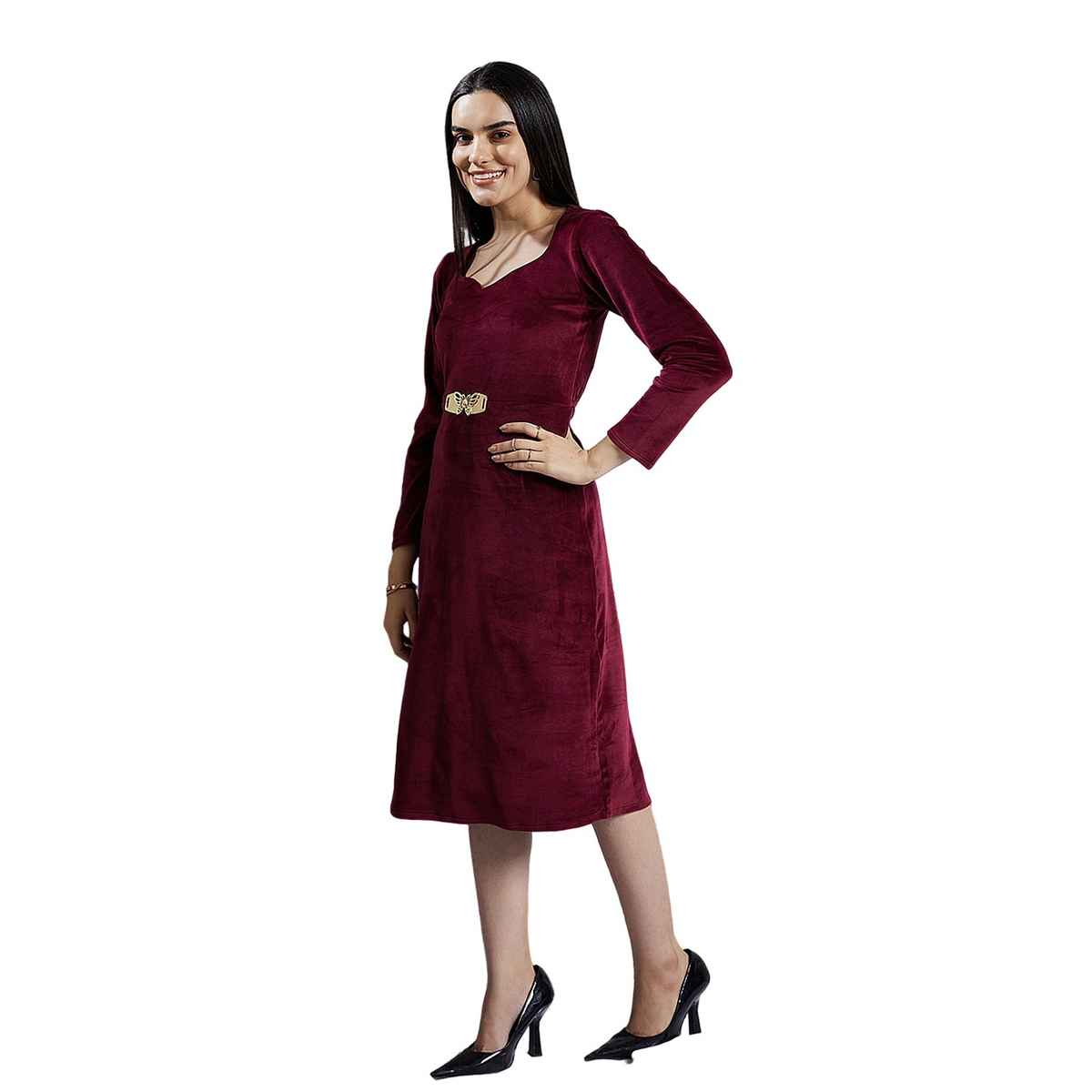 Athena Women's Sweetheart Neck Embellished Detailed A-Line Midi Dress | Maroon - S
