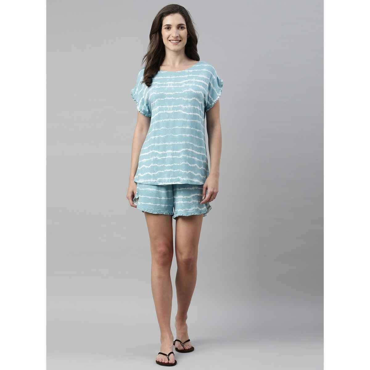 Enamor Essentials EC14 Women s Viscose Printed Ruffled Trim Tee And Shorts Set | Bali Green | S
