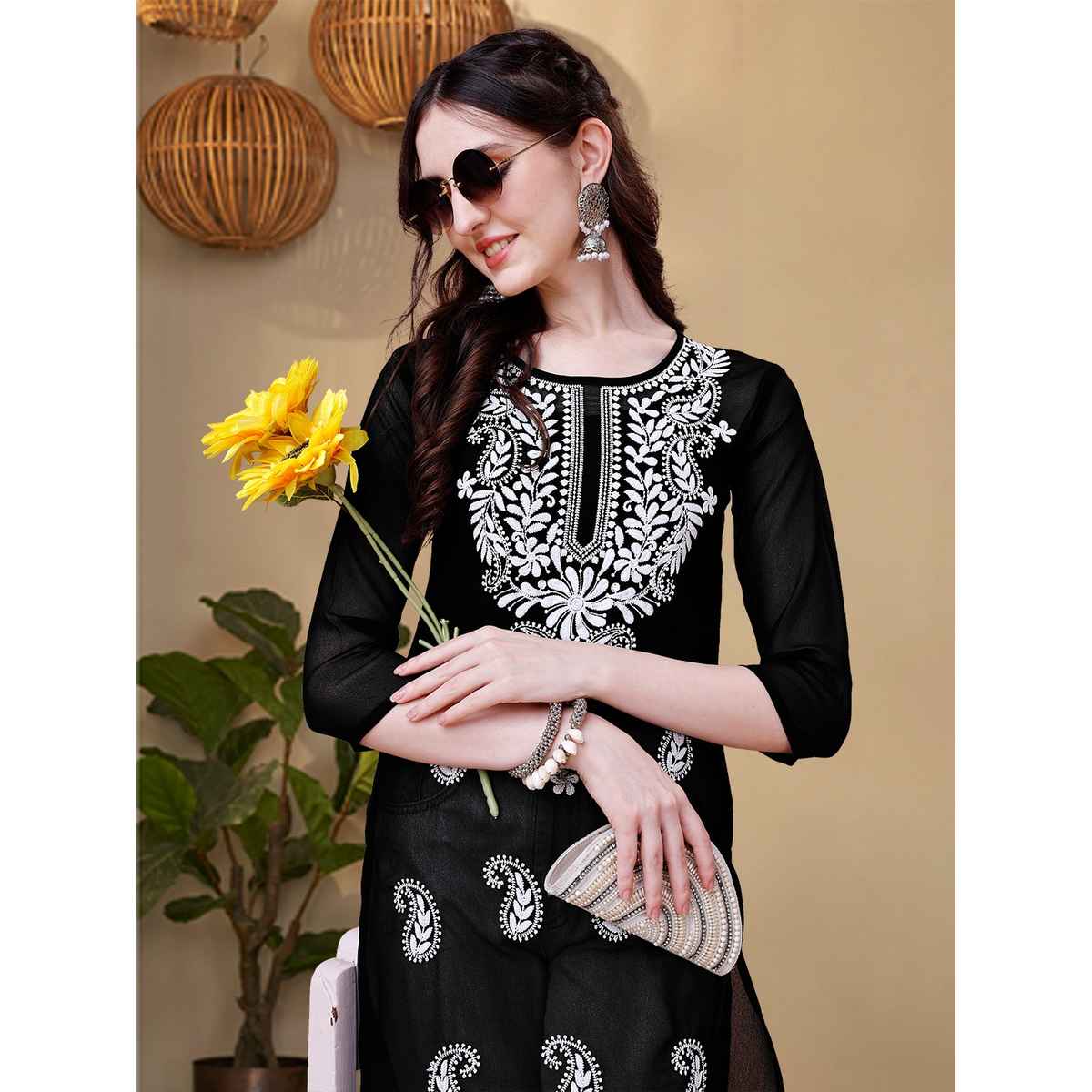 Youthnic Women Chikan Embroidery Short Kurti | B53 - Jini Black | L