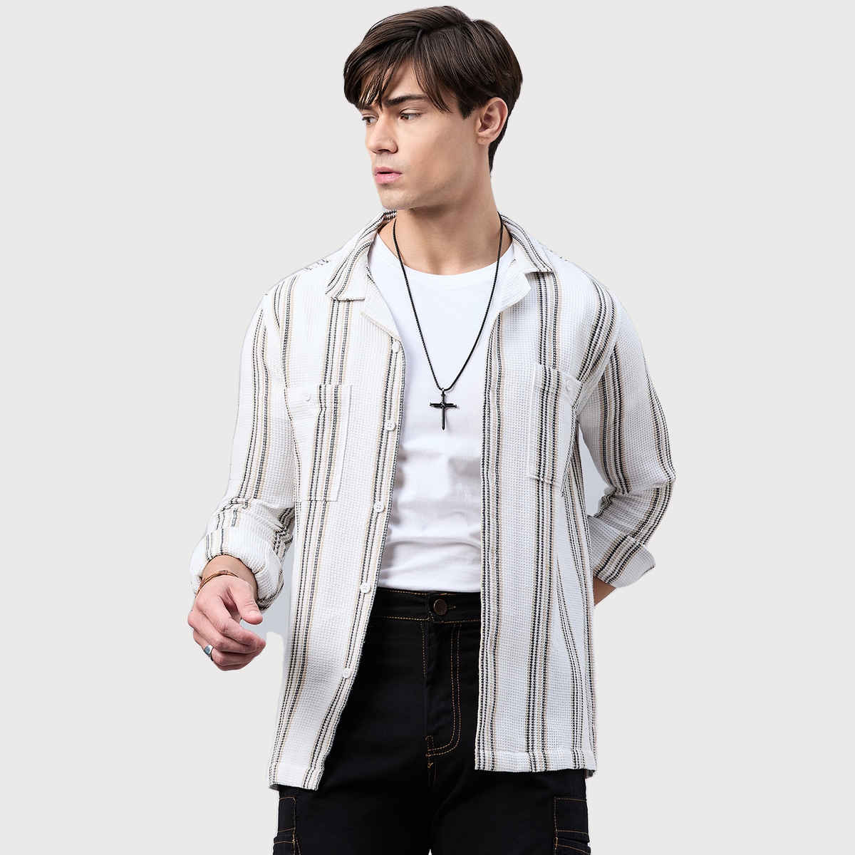 Style Quotient Mens Stripe solid Shirt | M | SS24SQHENCHMEN - Off-White